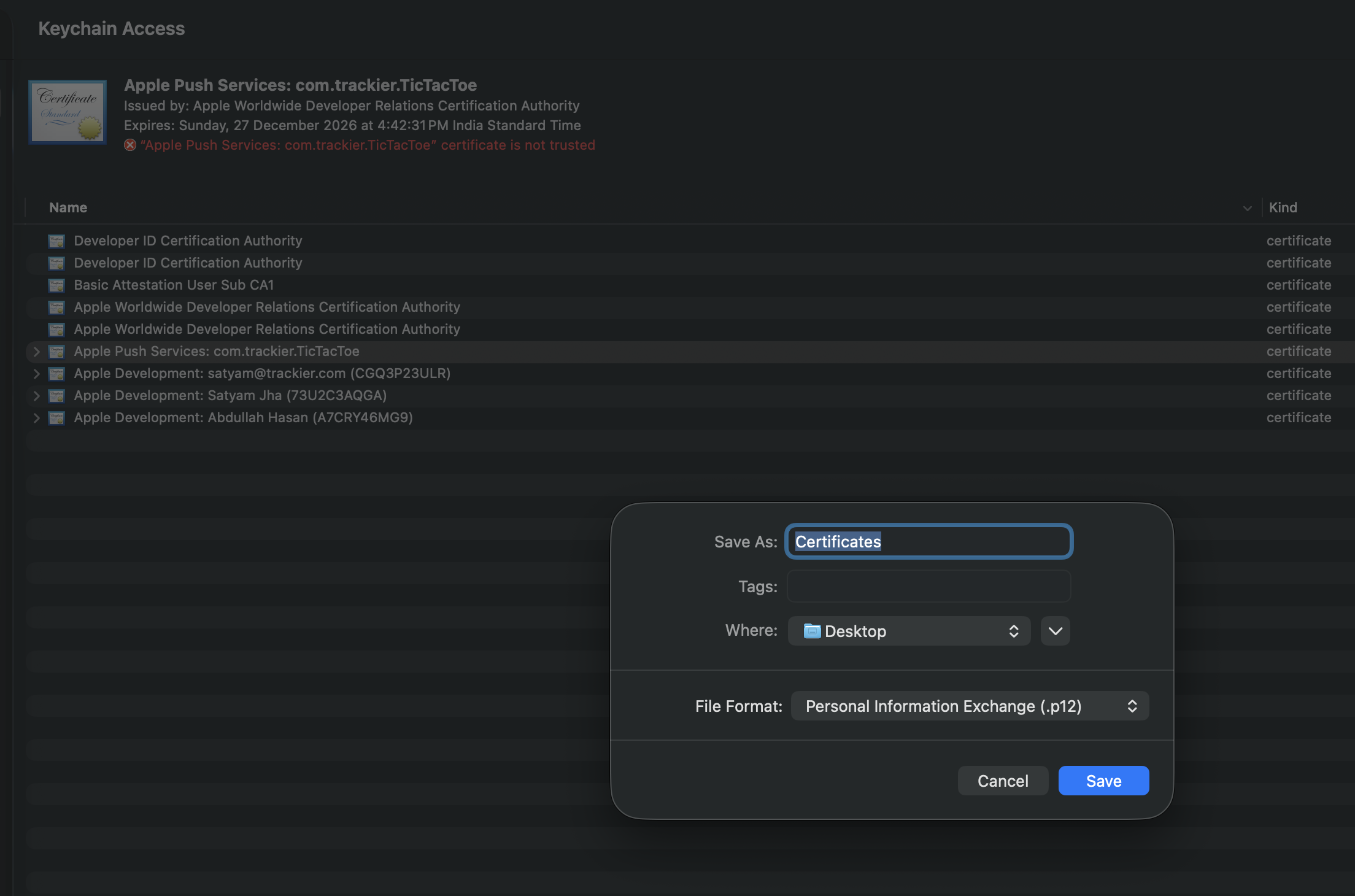 Export .p12 Certificate