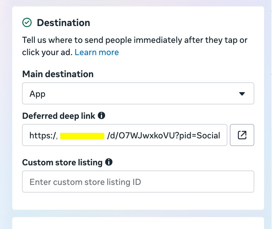 Deferred deep link field in Meta Ads Manager